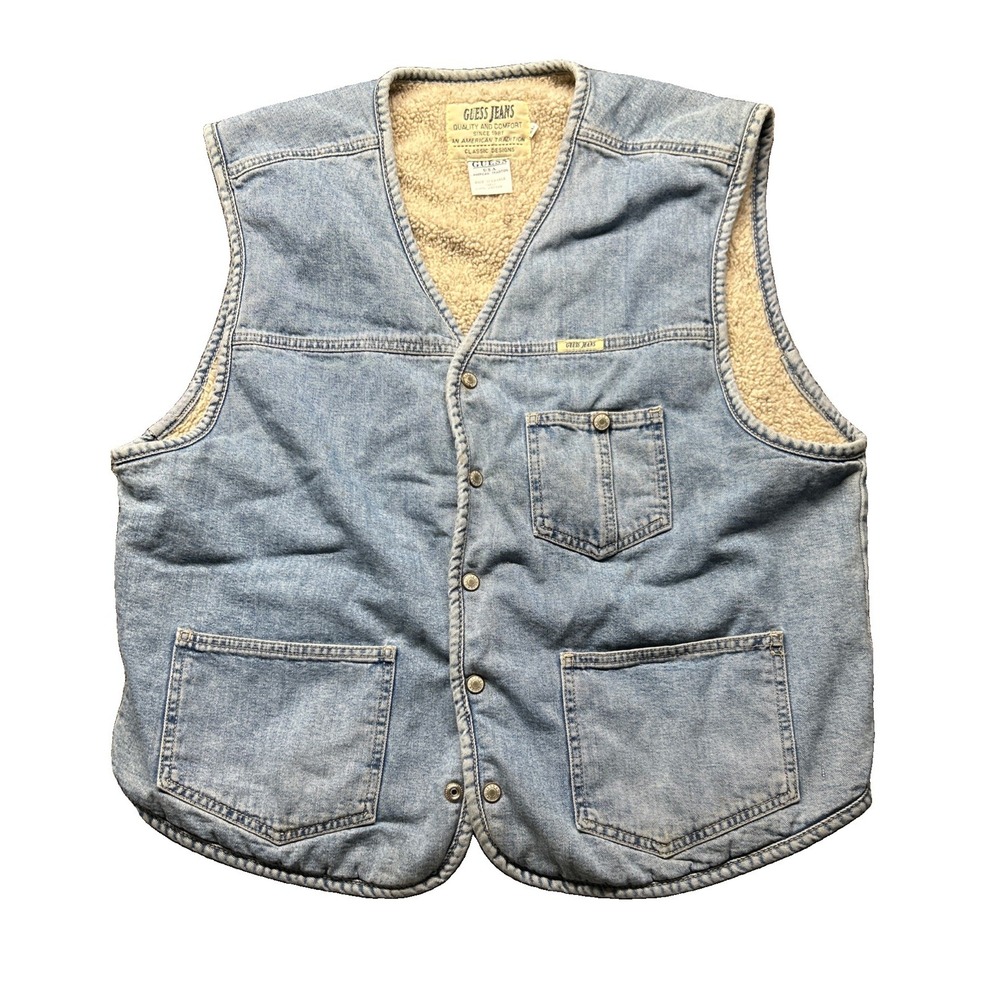 Guess Jeans Mens Denim Vest XL Sherpa Lined Blue Cotton Button Front V-Neck